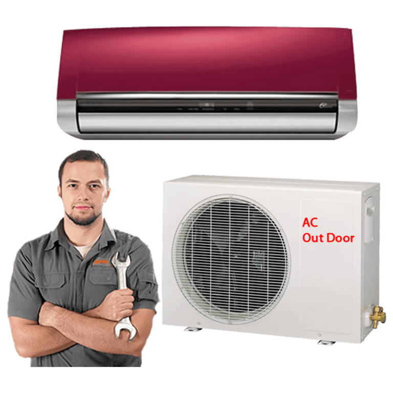 AC repair technician in Dubai standing in front of a wall-mounted air conditioner