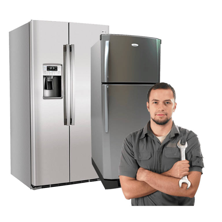 Fridge repair technician in Dubai standing next to a home refrigerator